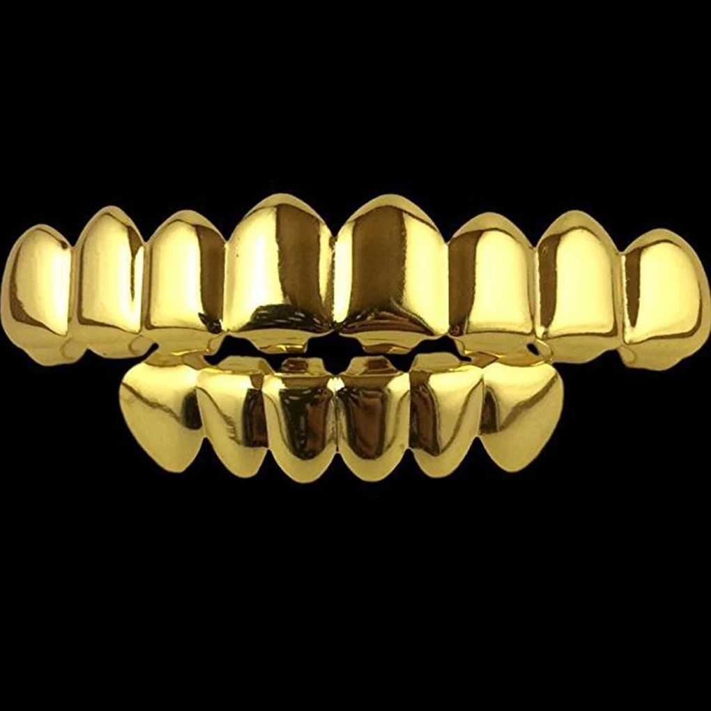 Top Bottom False Teeth Portable Halloween Mouth Grills Gifts Copper Plated Gold Tooth Cs Party for Cosplay Costumes W241227