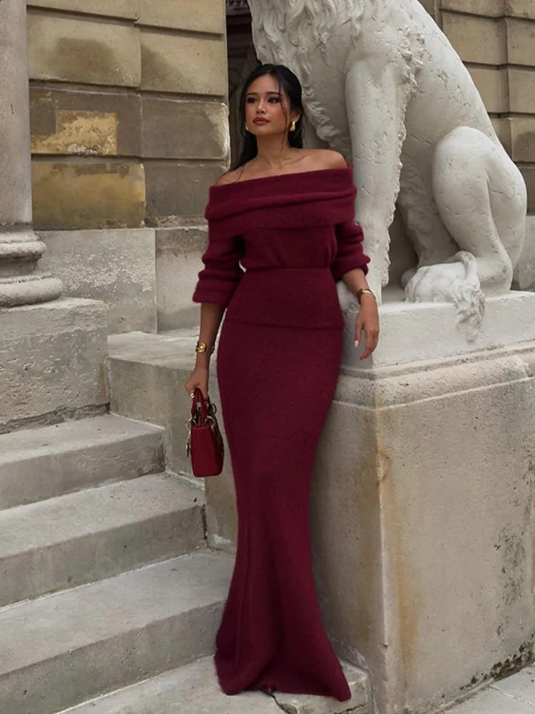 Women Burgundy Knitted Long Sweater Fashion Offtheshoulder Pullover Dress Fall Winter Female Party Outfit 241218