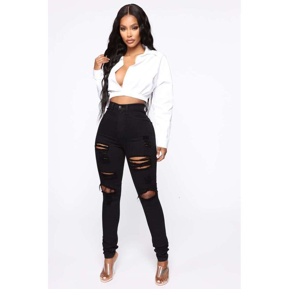 New Black Ripped Jeans For Women Fashion High Waist Denim Pencil Pants Stretch Slim Skinny Trousers XS-XL Global Drop Ship