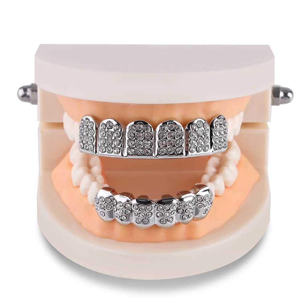 JINAO New 2024 Hip Hop Full D OUT 6-Tooth Set Grilz Mens Up and Down Barbecue Punk Rper Halloween FLame Cosplay W241227