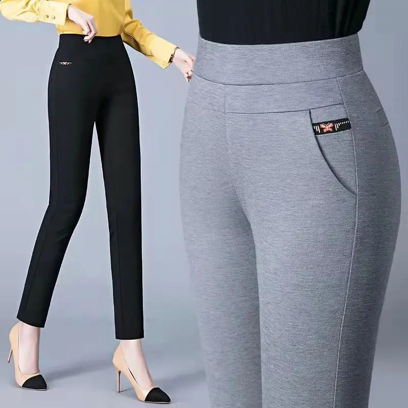 Office Lady Plus Fleece Warm Slim Pencil Pants Autumn Winter Women Fashion Butterfly Elastic High Waist Casual Trousers 241220
