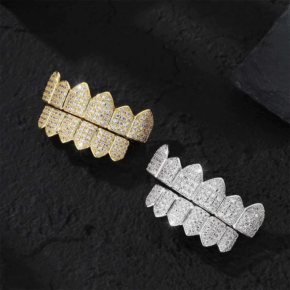 Hip Hop d Out CZ Stone Teeth Grillz Set suitable for men and women bottom gold-plated brass material Halloween Cosply teeth jewelry W241227