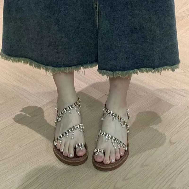 High Quality Womens Sandals Summer New Flat Round Head Set Toe Beaded Tassel Slippers Casual Fashion Innovation Light Sandals T241227