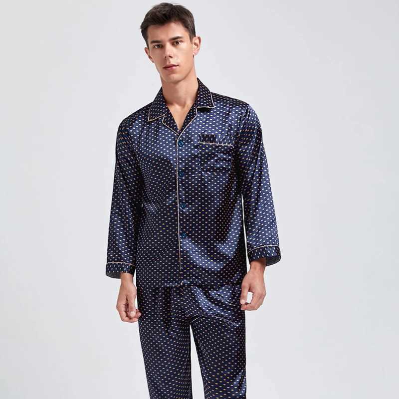 Silk Satin Pajamas for Men Sleepwear Cozy Soft Print Long Sleeve Nightgown Tops+ Trousers Two Pieces Mens Pajama SetXJ241227