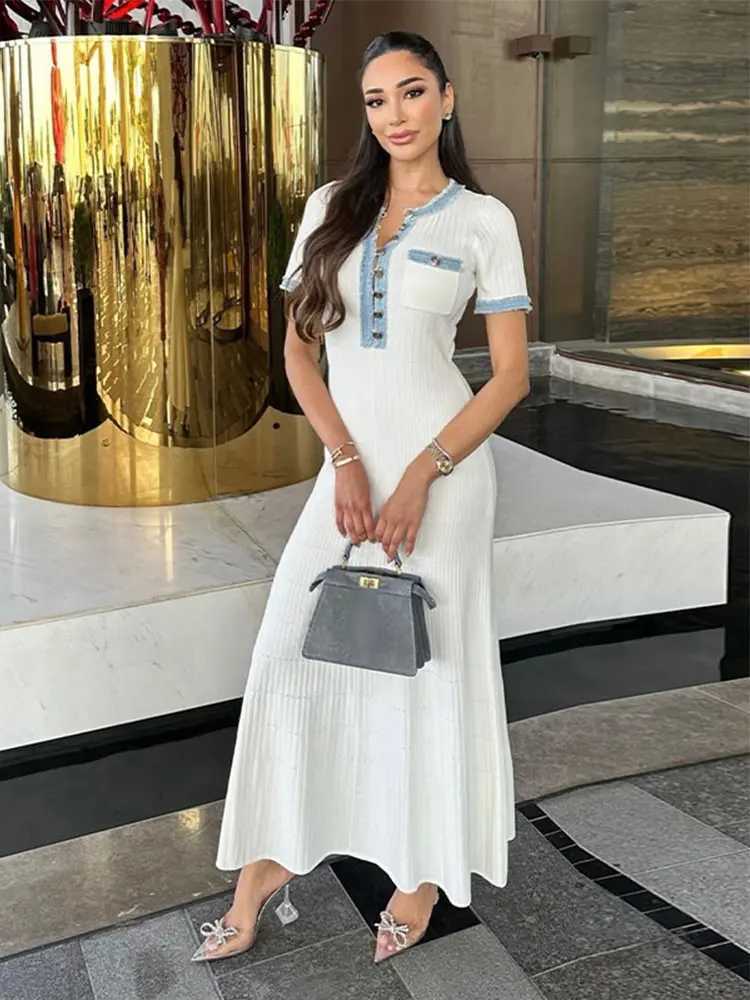 Elegant V-neck denim patch work knit long skirt womens fashionable short skirt Slve button dress 2024 chic office womens pocket robe X241226