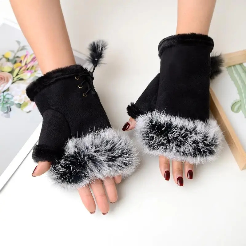 Winter Rabbit Fur Half-finger Gloves Fashion Warmth Sexy Faux Rabbit Fur Hand Wrist Women Fingerless Gloves Ladies Mittens 241227
