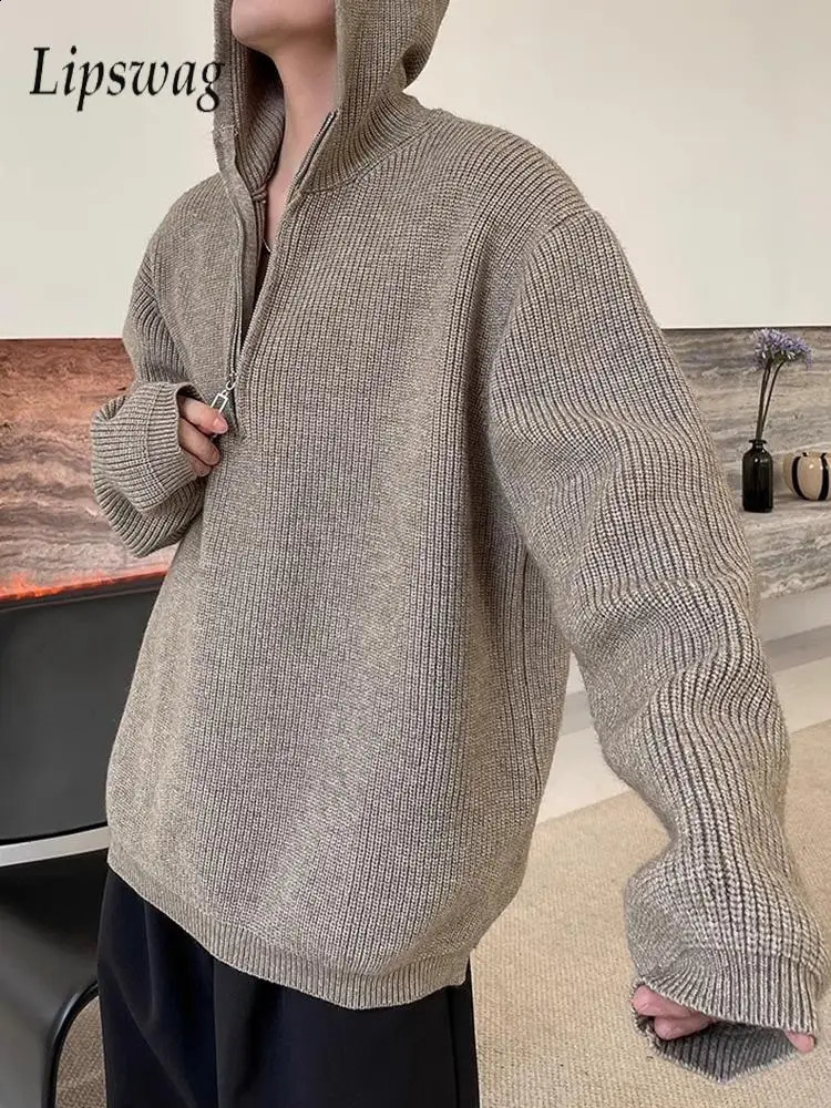 Streetwear Fashion Mens Knitted Hoodies 2025 Spring Trendy Zipper Hooded Sweatshirts Men Solid Color Long Sleeve Knit Sweaters 241224