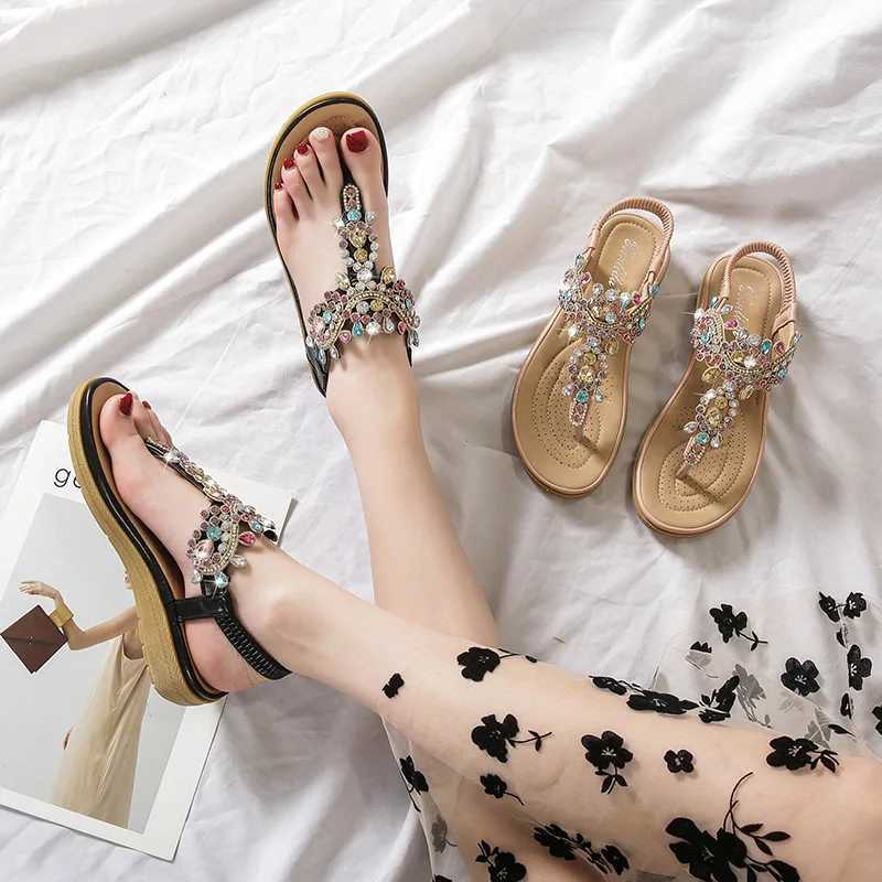 High Quality Plus Size 36-41 Shoes for Women Summer New Round Toe Flip Flops Fashion Rhinestone Ladies Sandals Roman Crystal Platform Elastic T241227