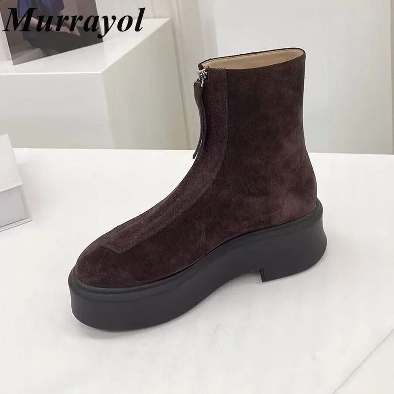 Cow Suede Thick Sole Solid Color Short Boots Women Front Zipper Ankle Botas Autumn Winter Versatile Riding Boots 241226