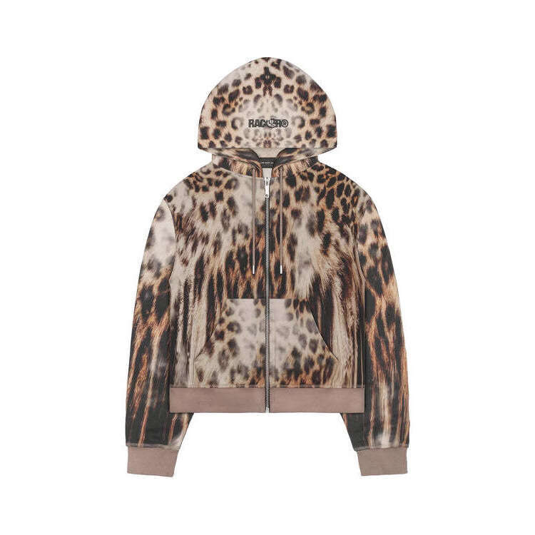New spicy girl leopard print lace up niche top hooded sweatshirt zipper cardigan men's and women's trend