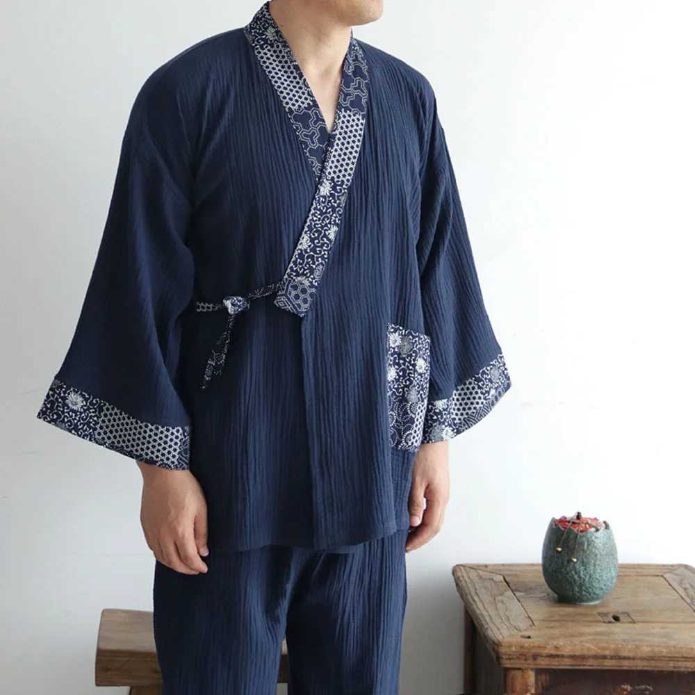 Pure Cotton Mens Pajamas Set Japanese Kimono Plus Size Long Sleeve Pant Suit Casual Comfortable Home Service Two-piece SleepwearXJ241227