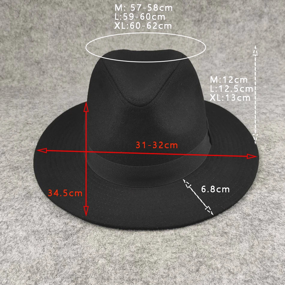 Plus SIze Woolen Fedora Hat Autumn Winter Men Top Hats Trendy Formal Wedding Decorate Black Panama Cap Fedoras Gorras 241226