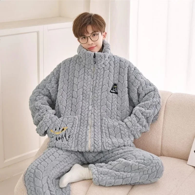 Flannel Pajamas Men Autumn Winter Zipper Sleepwear Warm Plus Velvet Loungwear Padded Coral Homewear Suit 241227