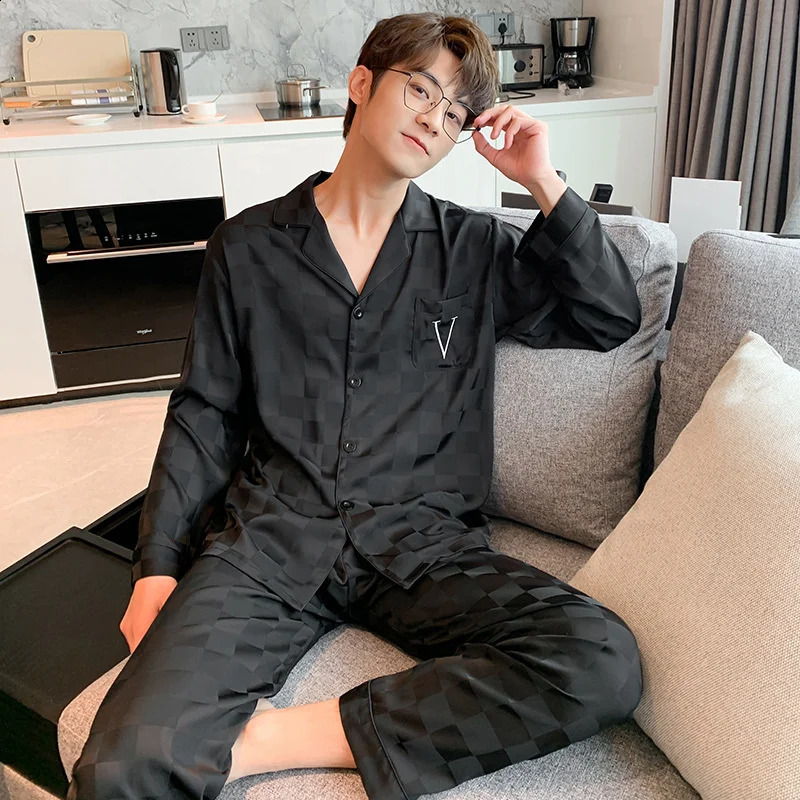 Lisacmvpnel Men Pajamas Spring And Autumn Ice Silk Long Sleeve Home Clothes Jacquard Large Size Casual Pyjamas 241227