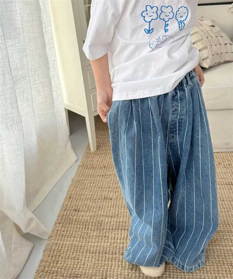 2024 Spring Summer Kids jeans fashion Boys Vertical stripes denim wide leg pants Girls loose casual Trousers W241227