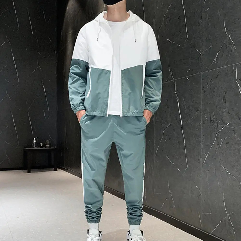 Men Coat Pants Set Men Jacket Trousers Set Colorful Mens Sportswear Set with Hooded Zipper Coat Elastic Waist for Spring 241225