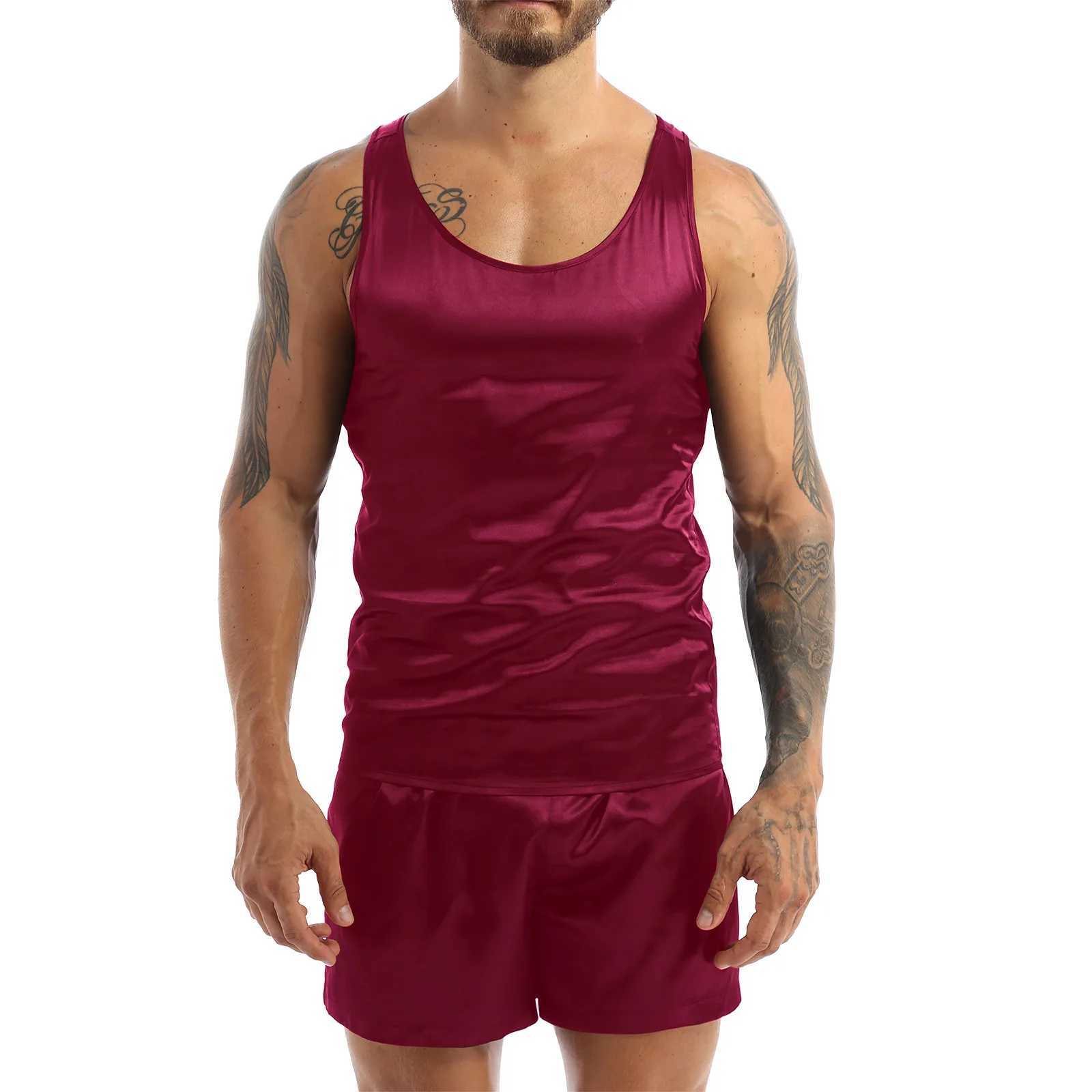 Men Satin Pajamas Set Sleeveless Tank Top Sleep Shorts Bottoms Summer Casual Sport Loungewear Sleepwear Nightwear Home ClothesXJ241227