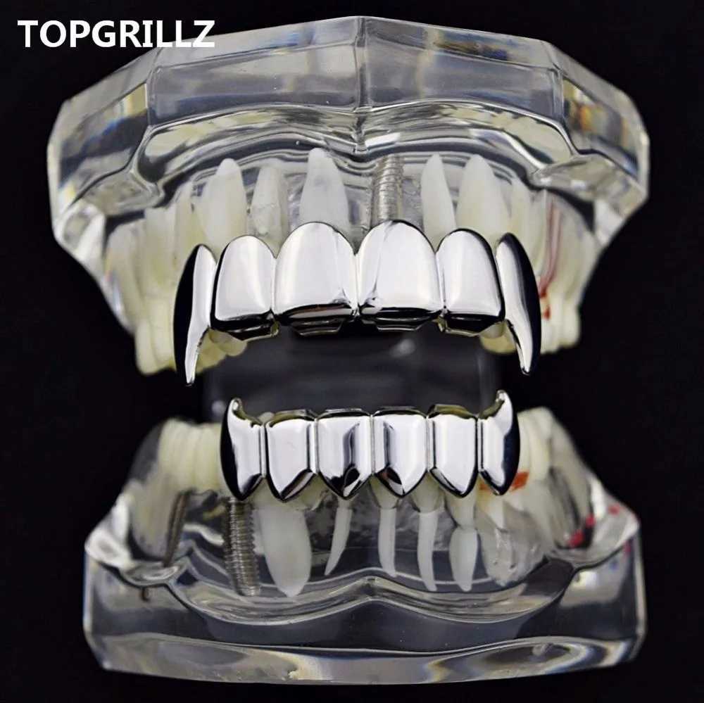 TOPGRILLZ Gold Silver Plated HIP HOP Teeth Grillz Top Bottom Grills Set With sile Real Shiny Vampire Tooth Sets W241227