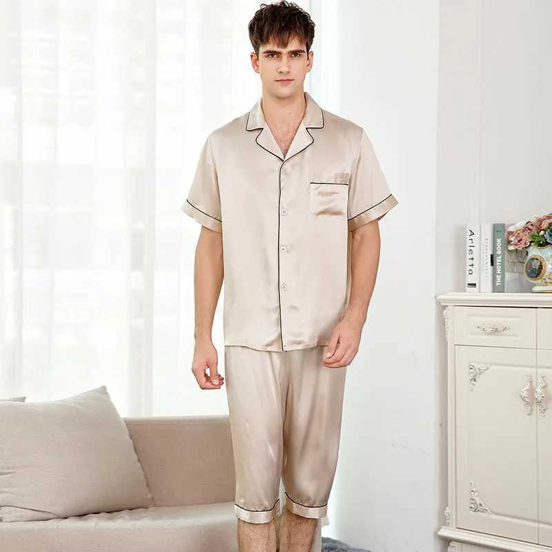 Birdsky 1SET Men pajamas pijamas pajama pj set men nightwear short sleeve sleepwear 100% mulberry silk satin solid S-333XJ241227