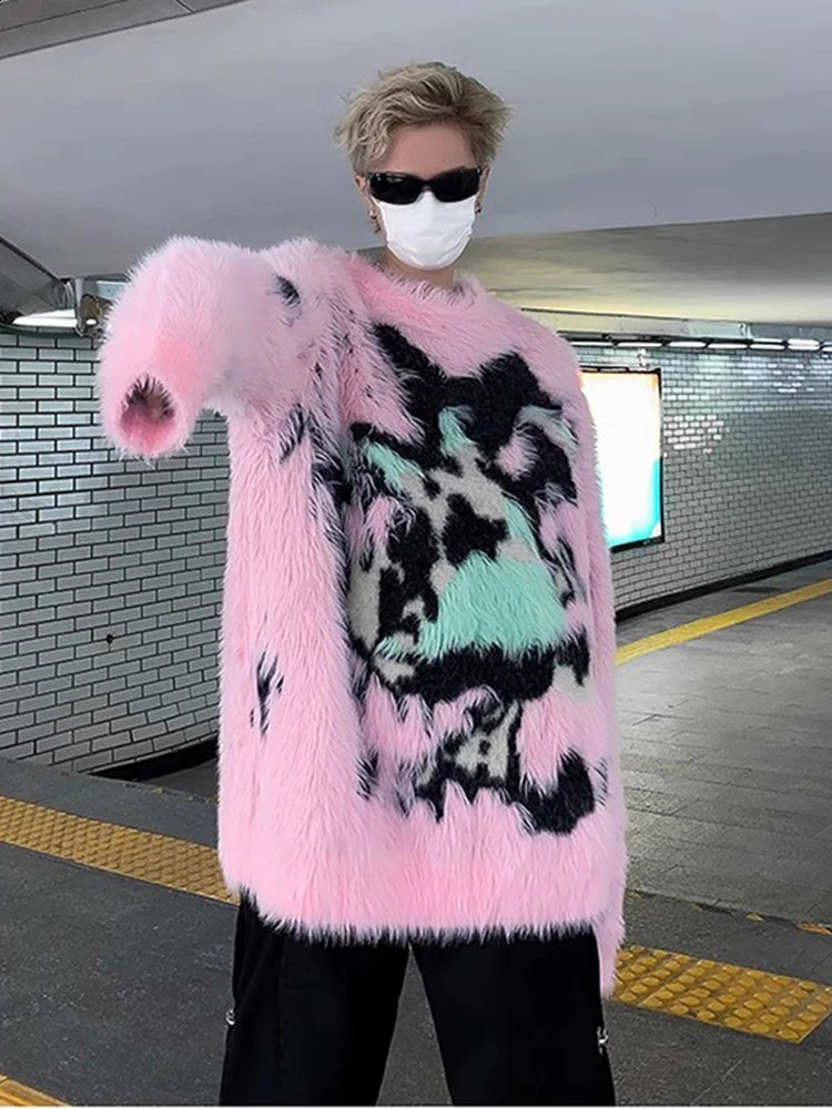 REDDACHIC Pink Plush Graffiti Mohair Sweater for Men Winter Warm Jacquard Jumper Top Loose Casual Knit Top Aesthetic Y2k Clothes 241224