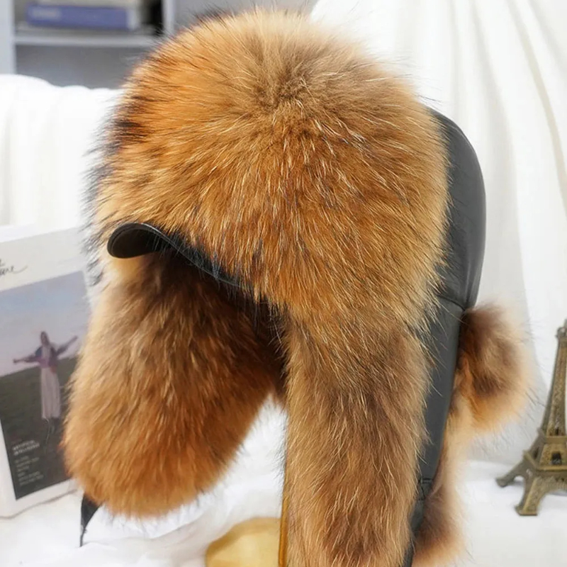 Winter Mens Faux Silver Foxy Fur Bomber Hat Raccoon Fur Hat Catcher Russian Mens Ski Hat
