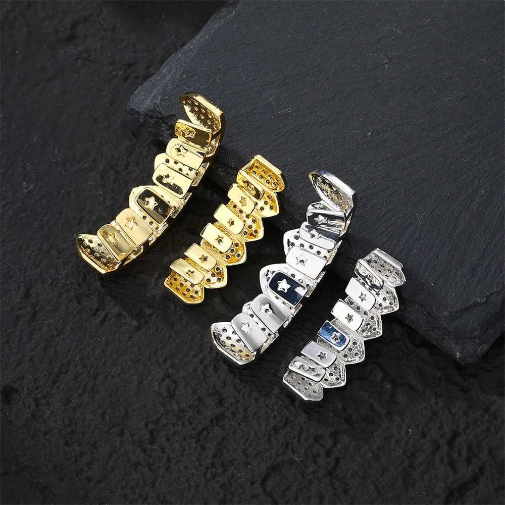 Hip Hop d Out CZ Stone Teeth Grillz Set suitable for men and women bottom gold-plated brass material Halloween Cosply teeth jewelry W241227