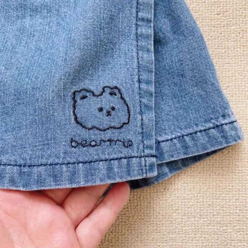 Girls Denim Culottes 2-8 Y 2024 New Summer Casual Childrens Skirt Kids Cute Embroidered Bear Shorts Korean Style W241227