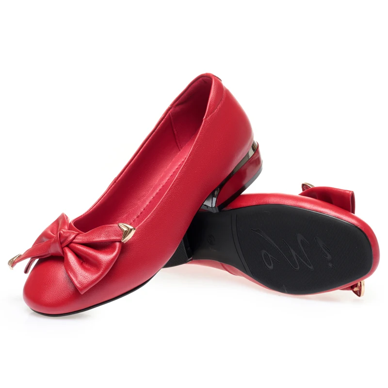 AIYUQI Women's Spring Shoes Genuine Leather Mid-heel Red Shoes Women Round Toe Shallow Bow Women Shoes