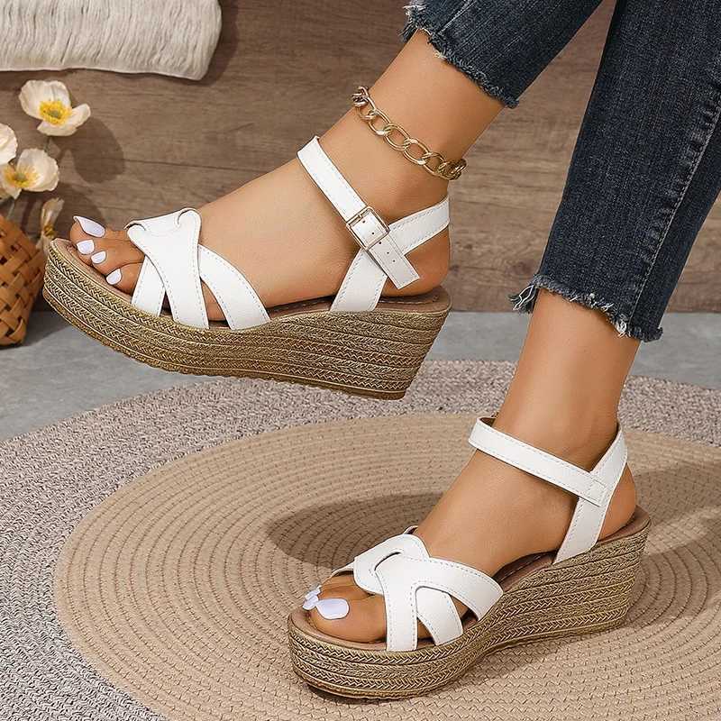 High Quality Lucyever Chunky Platform White Sandals Womens Summer Pu Leather Wedge Heels Sandalias Womens Ankle Straps Thick Sole Sandles Women T24122