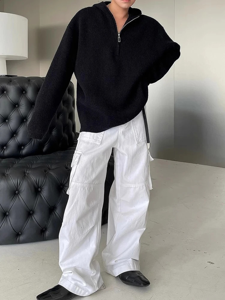 Streetwear Fashion Mens Knitted Hoodies 2025 Spring Trendy Zipper Hooded Sweatshirts Men Solid Color Long Sleeve Knit Sweaters 241224