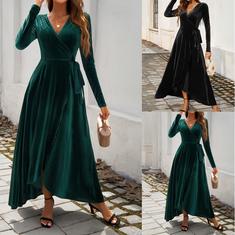 (26) European and American Autumn and Winter Temperament V-neck High Waist Solid Color Lace-up Slit Dress