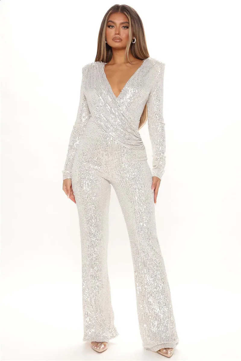 Fashion Sequins Jumpsuit For Women Long Sleeve V Neck Draped Autumn Winter Rompers Celebrity Evening Party Club Overall 241224