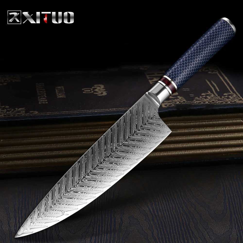 XITUO 8-inch Chef Knife Damascus Steel VG 10 Sharp Chop Vegetables Blue Resin Honey CB Handle Household Kitchen Knife Y241227
