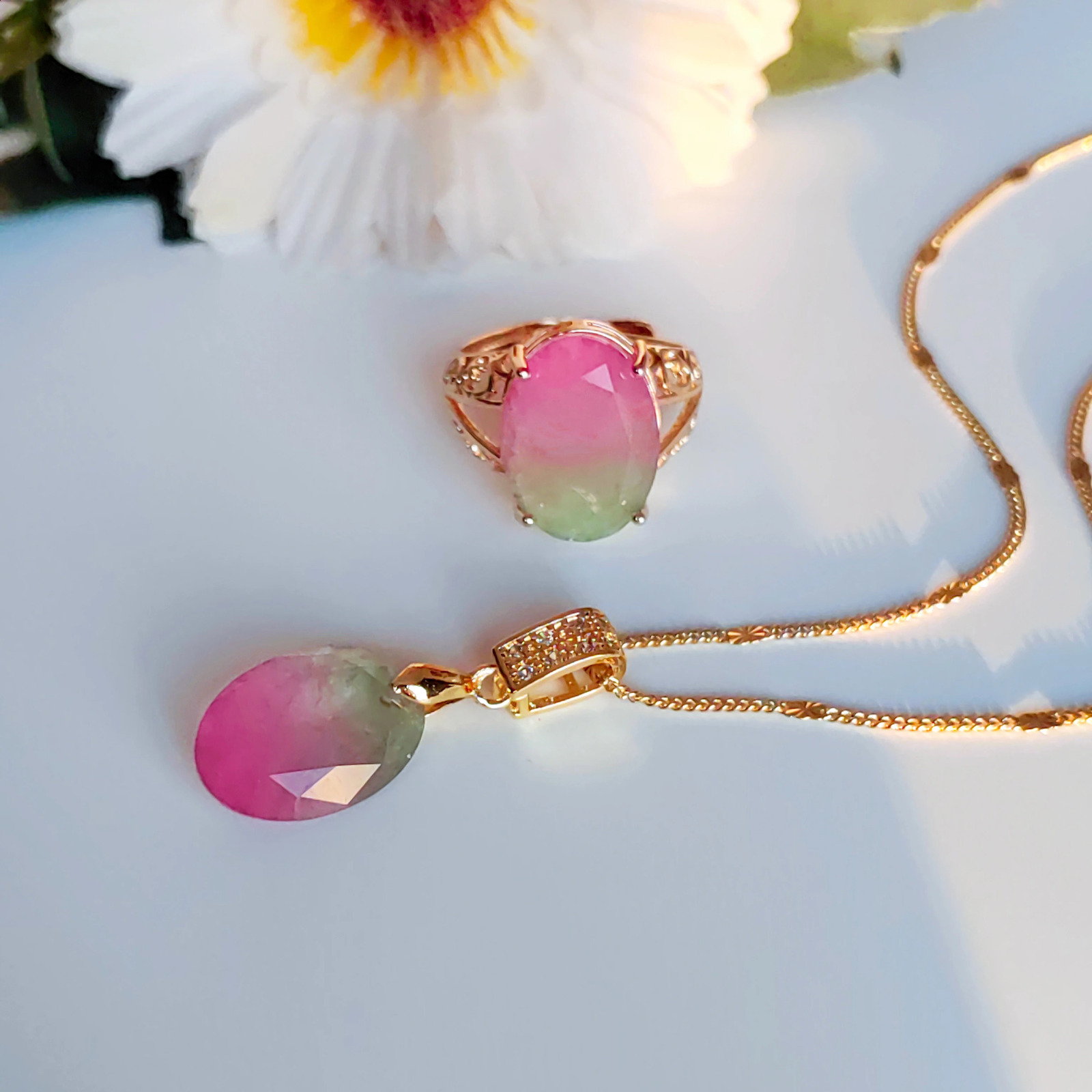 Green pink crystal fusion stone back is natural crystal stone Necklace Earrings Rings Jewelry set elegant womens jewelry 241226