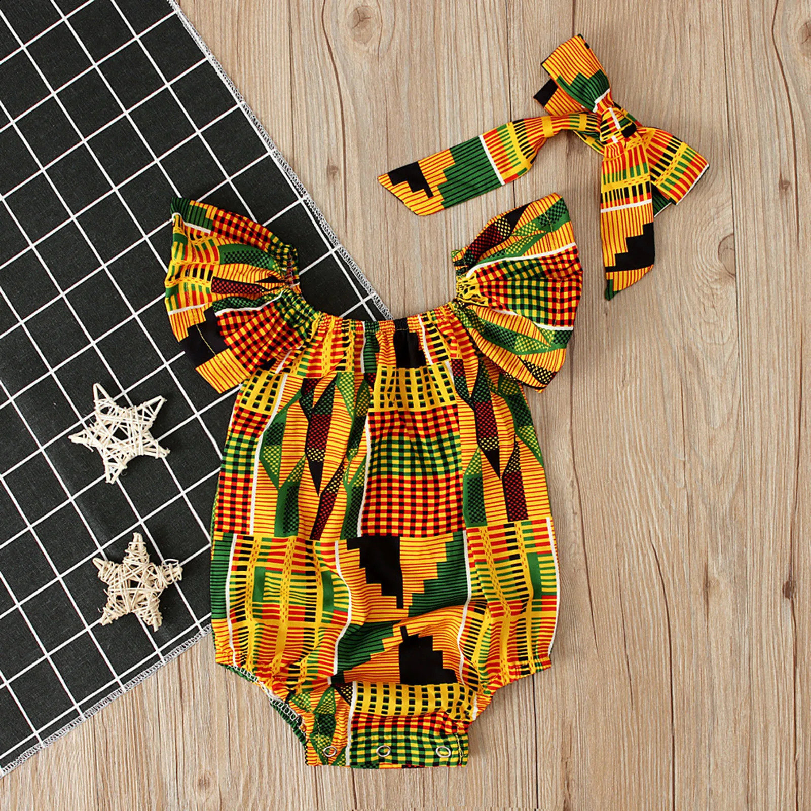 Toddler African Print Off Shoulder RomperHeadband Set Baby Girls Infant Outfits Cute Jumpsuit Hair Band Bodysuits Clothes 241226