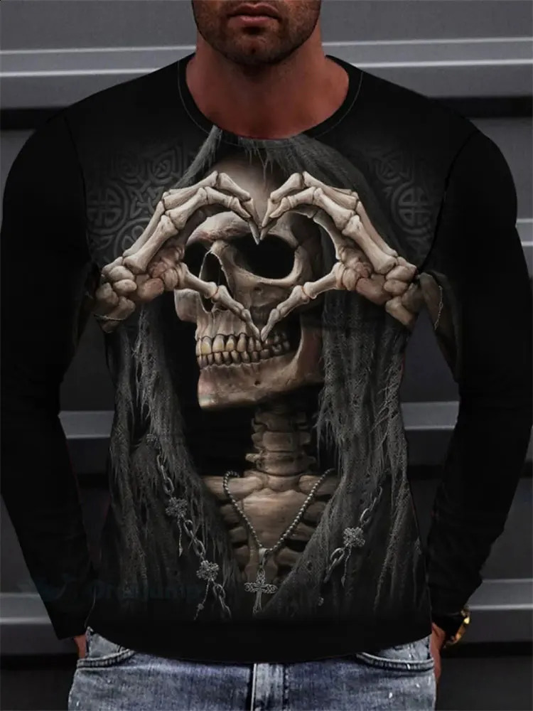 Skull Reaper Print Mens Halloween Long Sleeve Tshirt Fall Everyday Casual Top Outdoor Street Fashion 241220