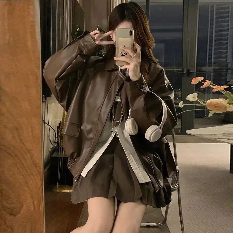 Ancola Red Genuine Leather Short Jacket Womens Casual Loose Fit 2024 Spring Autumn Style American Vintage Baseball Jersey T 241223