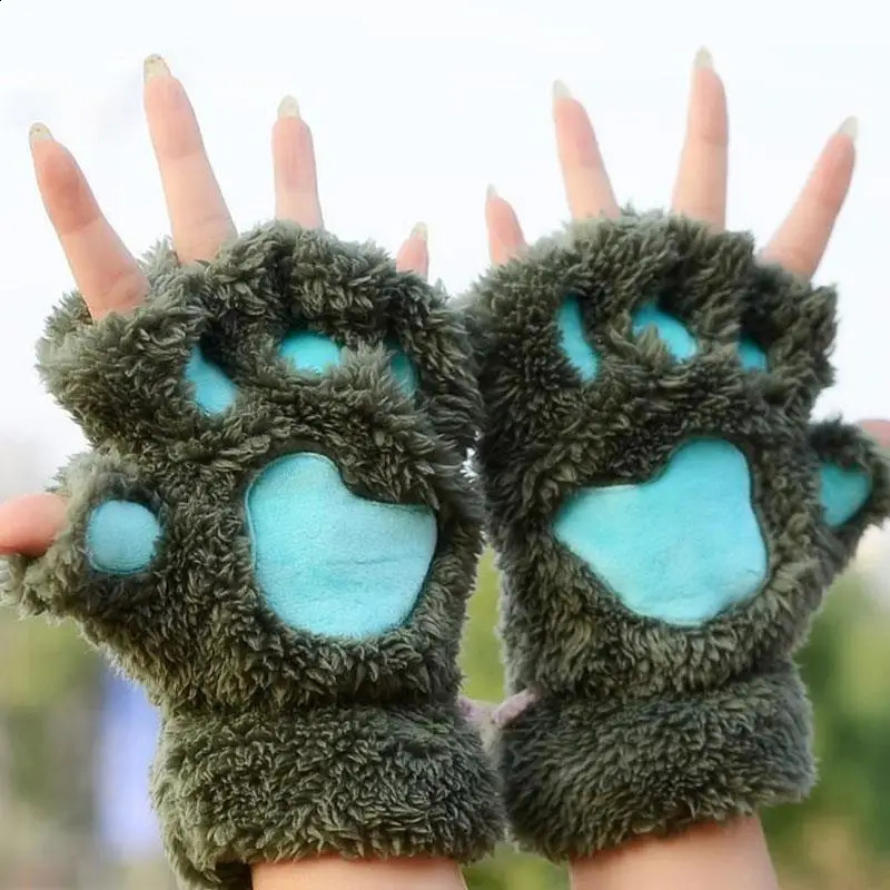 Cat Paw Half-finger Gloves Winter Cute Cartoon Cat Girl Open Finger Gloves Thickened Fluffy Bear Paw Kitten Fingerless Mittens 241227