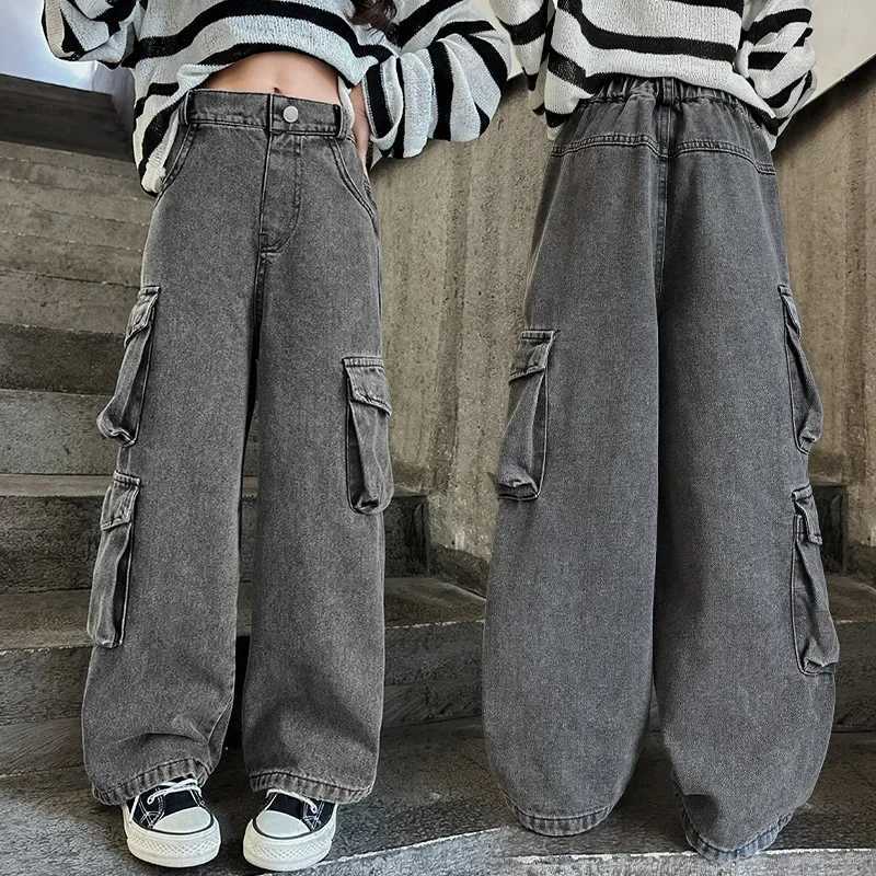 Teenage Girls Wide Leg Cargo Jeans 2024 Autumn Fashion Kids Casual Denim Pants School Young Children Straight Baggy Trousers 15Y W241227