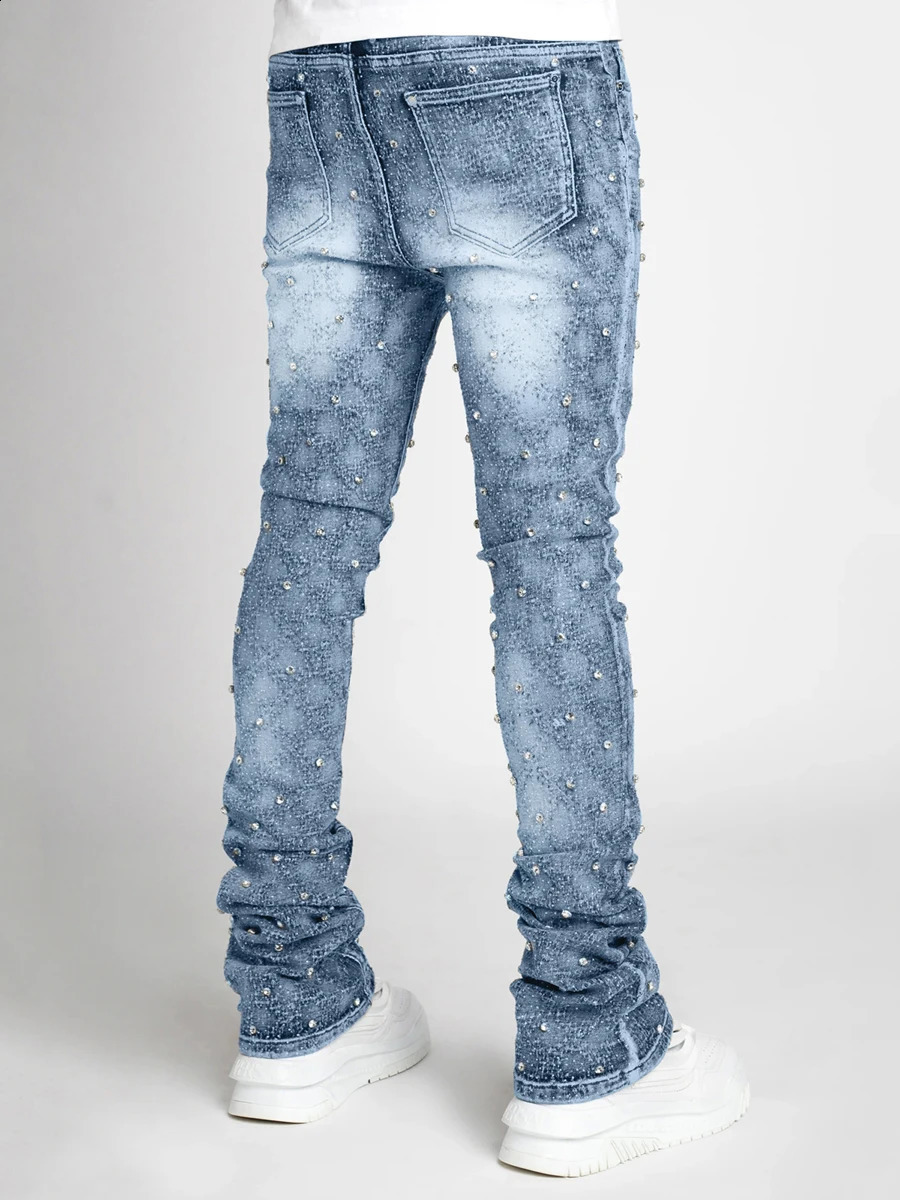 Fashion Mens Spring Summer Skinny Jeans Rhinestone Streetwear Denim Pants with Pockets 241225