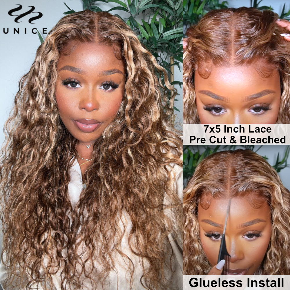 Unice Cut Pre Bleached 7X5 Water Wave Honey Blonde Highlight Human Hair Glueless Wig Ready To Wear 150% Density