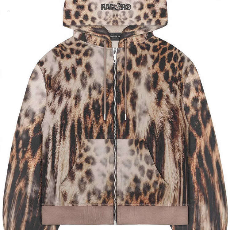 New spicy girl leopard print lace up niche top hooded sweatshirt zipper cardigan men's and women's trend