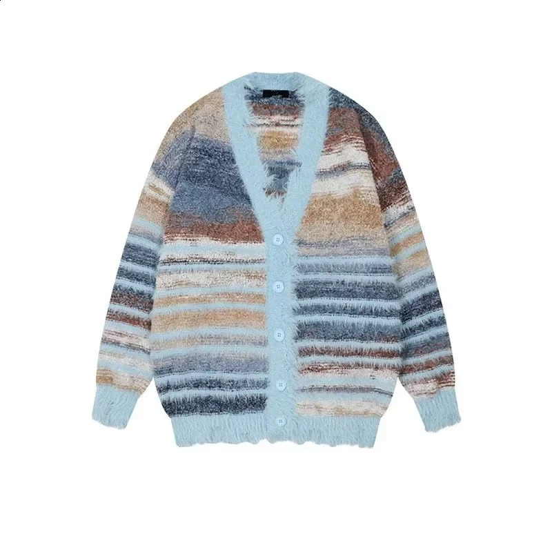 Autumnwinter Fashionable Casual Color Blocking Striped Sweater Cardigan For Men Women Gradient Sleeve Knit Jacket Couples Wear 241226
