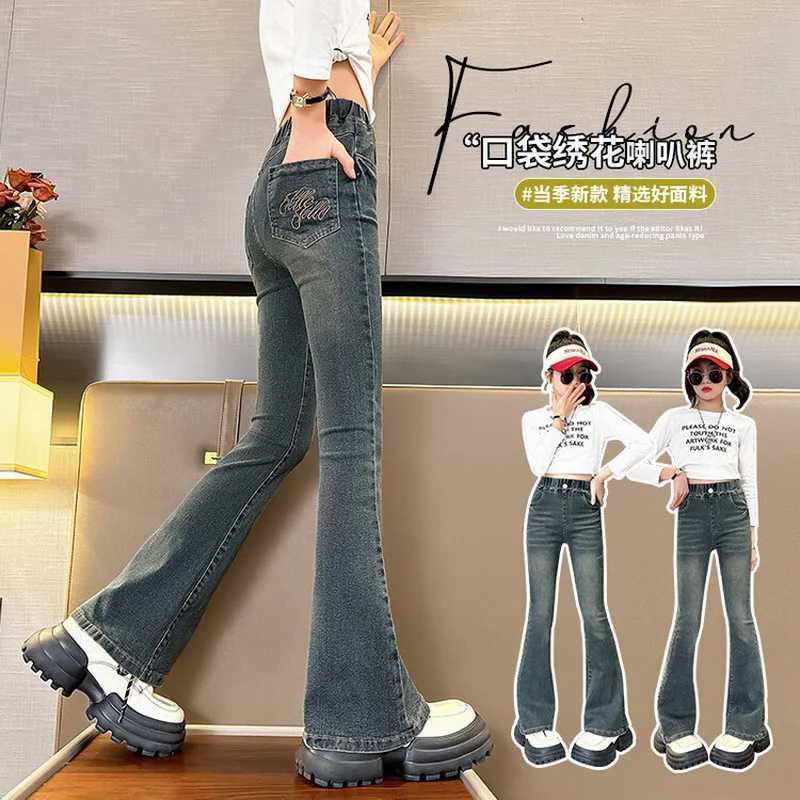 Girls Fashion Jeans New Apron Childrens Retro Tight Denim Shining Pants 2024 Spring/Summer Youth Slim Trouser W241227