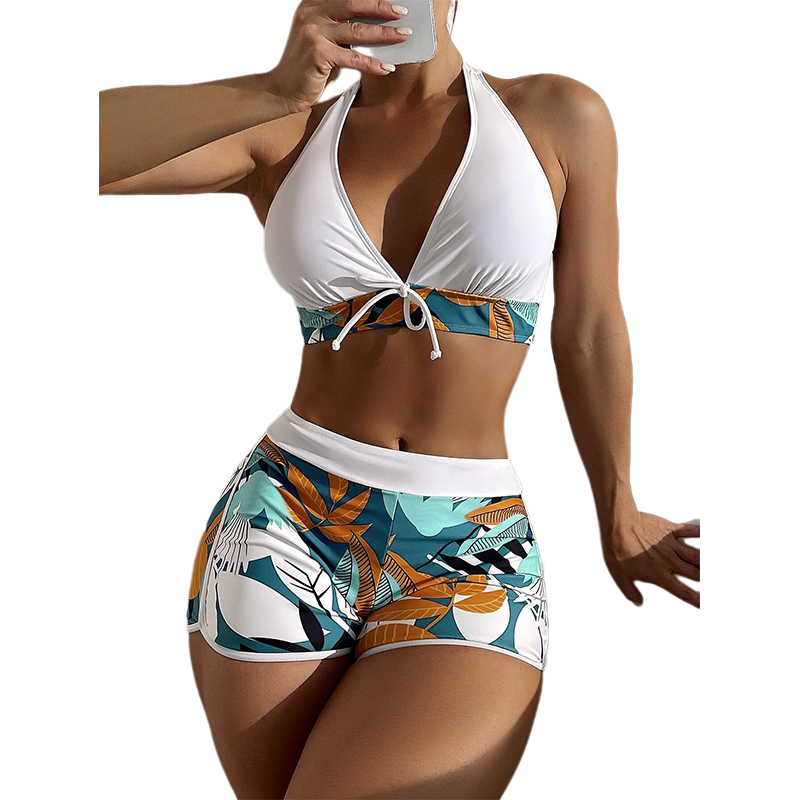 Stylish Women Halter Bikinis Set High Waist Shorts Swimsuit Padded Deep V-Neck Bikini Push-up Swimwear Ladies Printing Bathing Suits Boyshorts Beach W