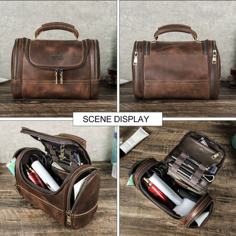 Black Angel Crazy Horse Cowhide Multi Zipper Portable Wash Large Capacity Trendy Makeup Storage Bag