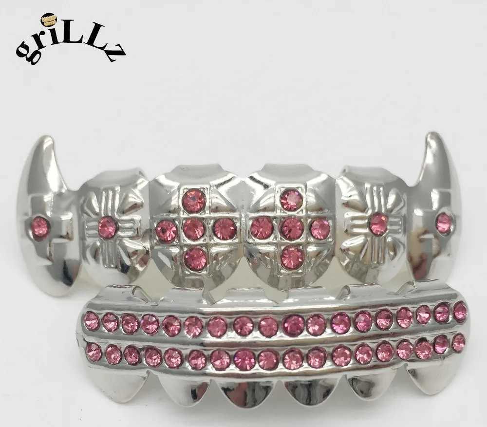 Grill Brand Pink Glass Stones Silver PLATED VAMPIRE HIPHOP TEETH grill TOP BOTTOM grill SET Bo Jewelry W241227