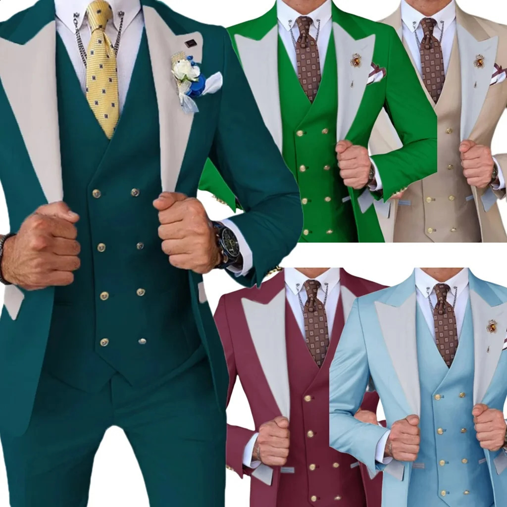 Teal Green Suit for Menformal Jacket with Peak Lapel CelebritiesElegant Man Suit3 Pieces Blazer Vest and Pants Set 241227