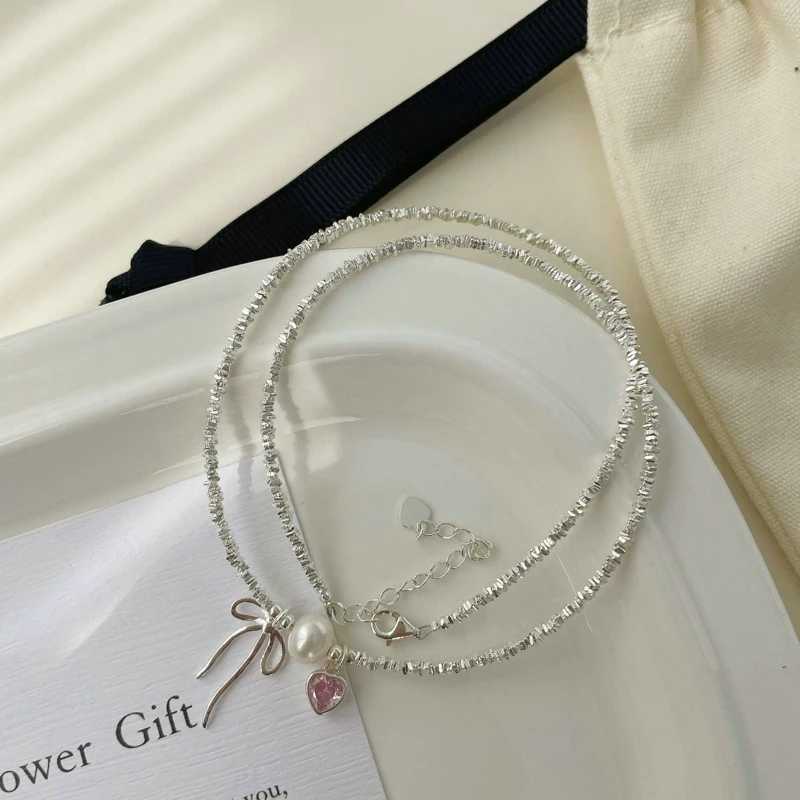 Fashion Irregular Beads Chain Bow Knot Heart Pendant Necklace Y2K Girls Exquisite Choker Women Elegant Peals Jewelry GiftsXJ241227