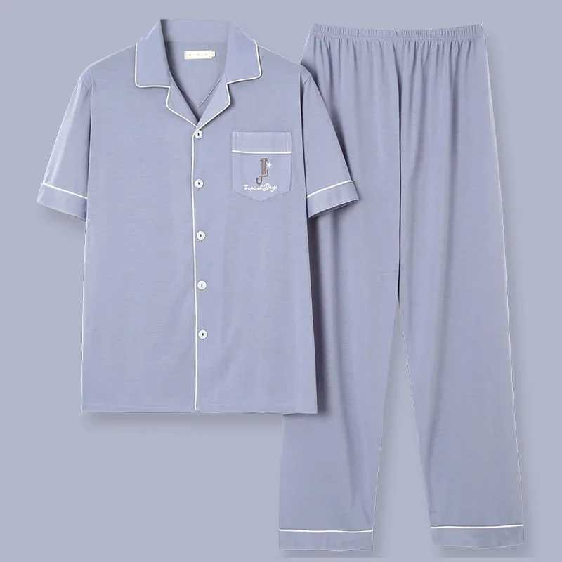 Mens Pajamas Summer Thin Casual Sleep Wear Set Cotton Short-sleeved Night Clothing Pyjamas Suit Male Unisex Home-wear GentlemenXJ241227